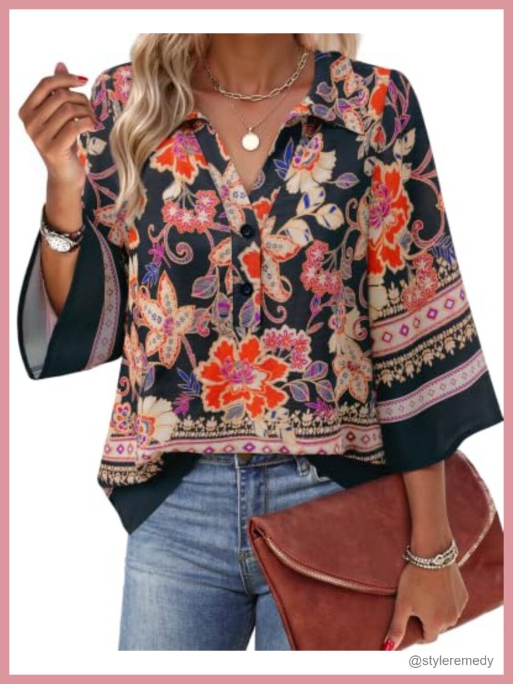 Women's Button Down Blouse 3/4 Bell Sleeve V Neck Work Top